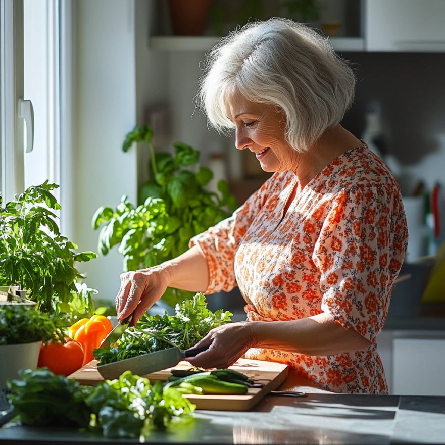 Щаслива старша жінка готує здорову їжу на кухні